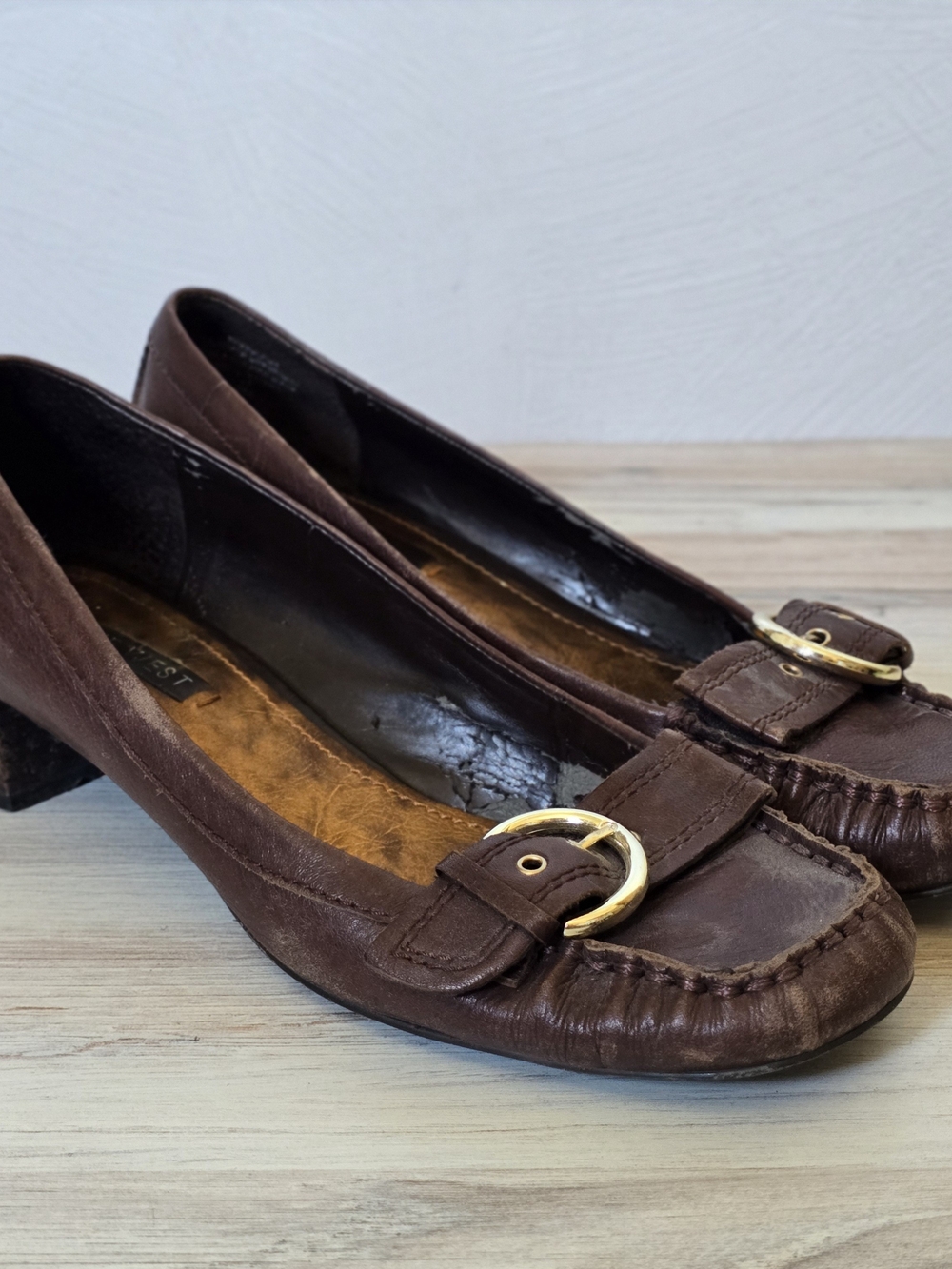 Vintage Nine West Brown Leather Loafers with Gold Buckle